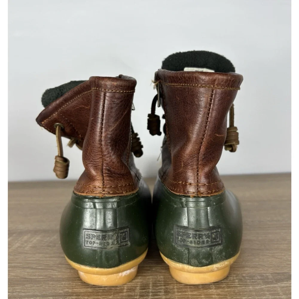 Sperry Top-Sider Duck Boots Womens 7 Brown Leather Green Waterproof Fleece Zip